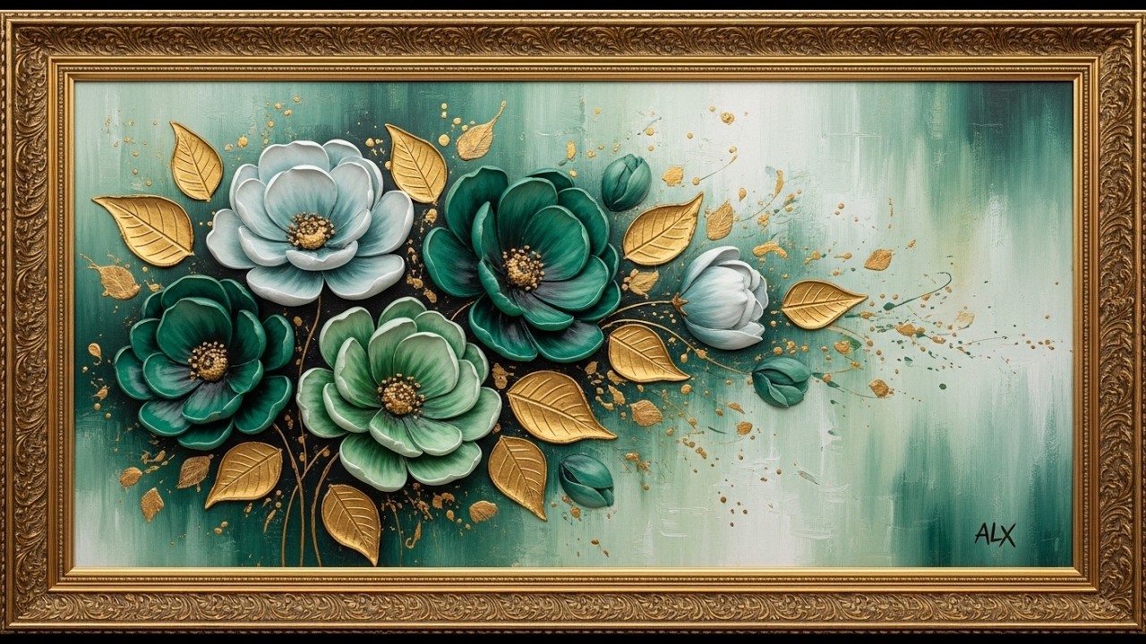 Frame TV Art: Elegant Teal Floral Abstract with Golden Accents | 4K Ambient Art