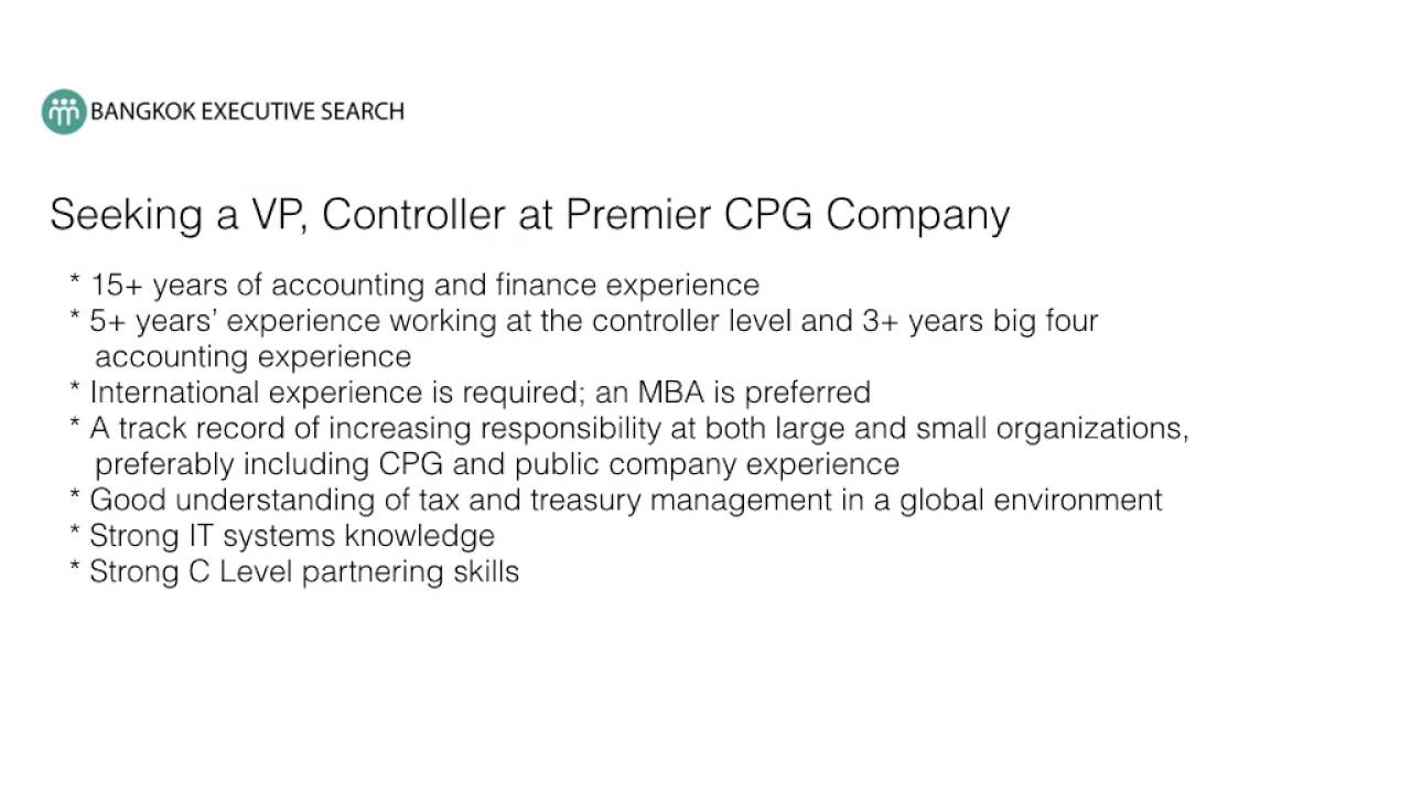 Bangkok Recruiting Firm Seeking VP Controller