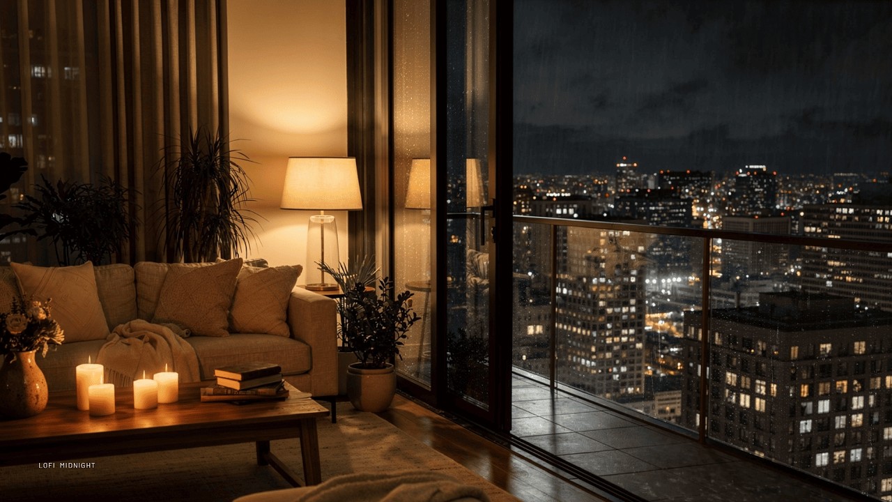 Rainy Balcony Night ☔ Cozy Lofi Beats & City Night Ambience for Study & Sleep