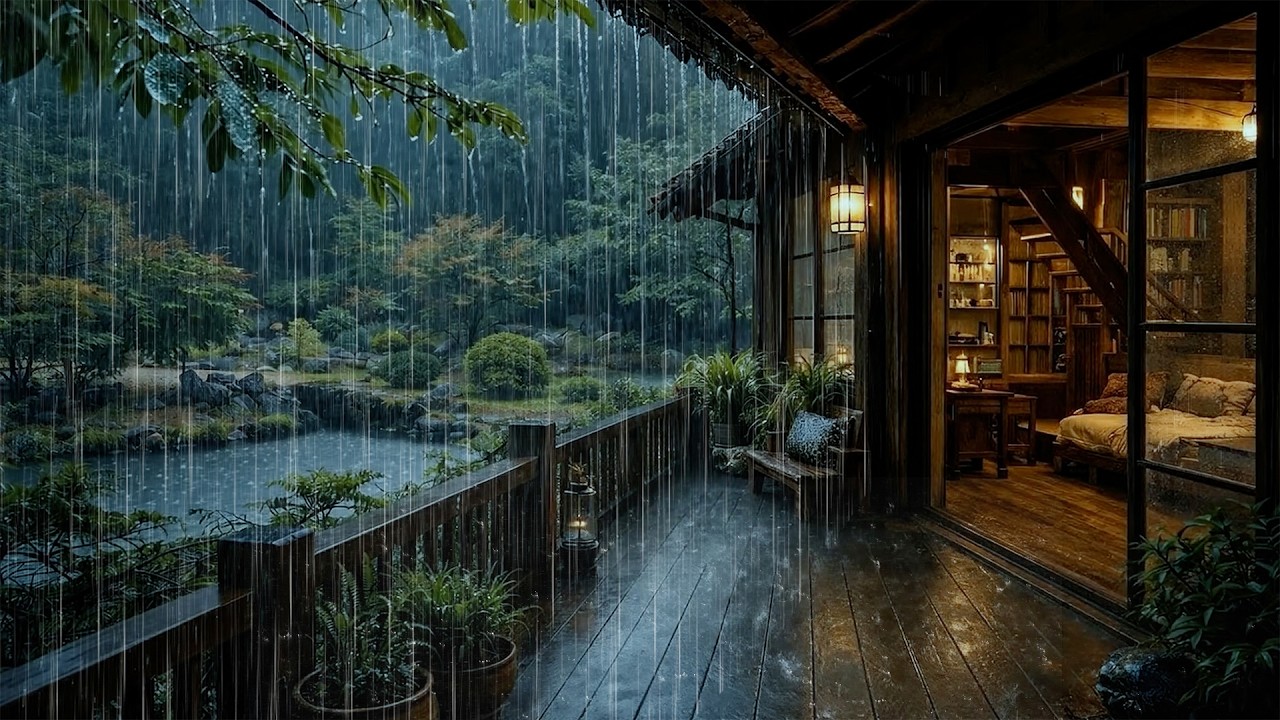 🌧️ Stay Asleep with Soft Rain on Forest Lake | Cabin Porch Rainstorm for Relaxation