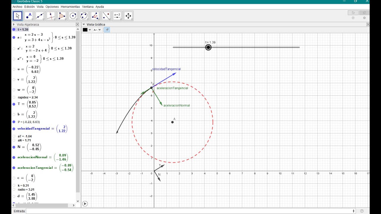 Vector de velocidad, vector de aceleración Tangencial y Normal, Círculo Osculador en Geogebra.