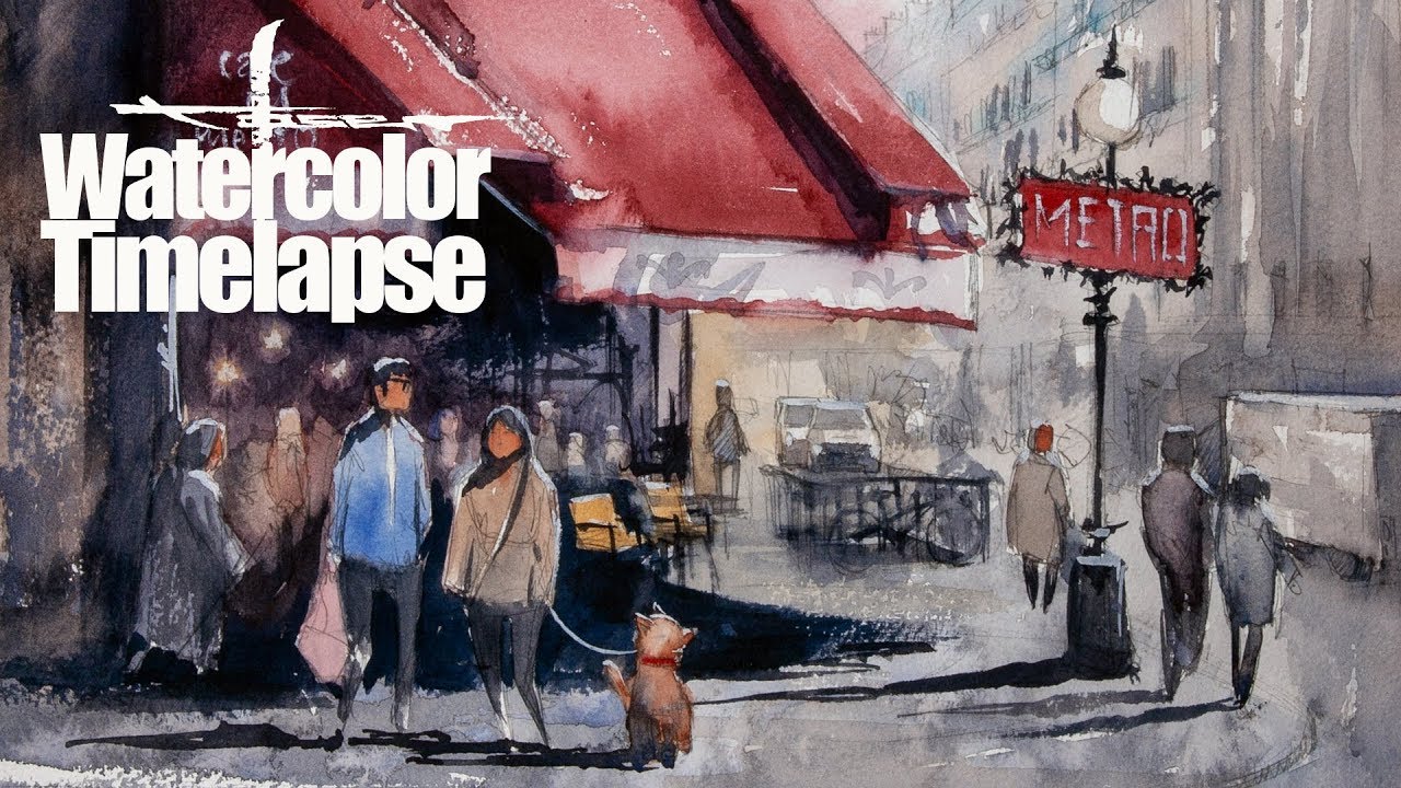 Watercolor [Speed painting - Timelapse]  Cityscape - Paris - Cafe Metro