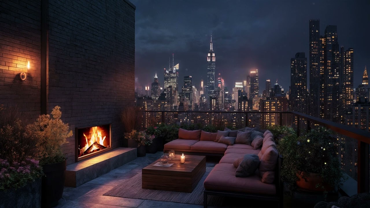 Cozy Evening on Rooftop Terrace – Fire Pit & City Lights Ambience for Relaxation
