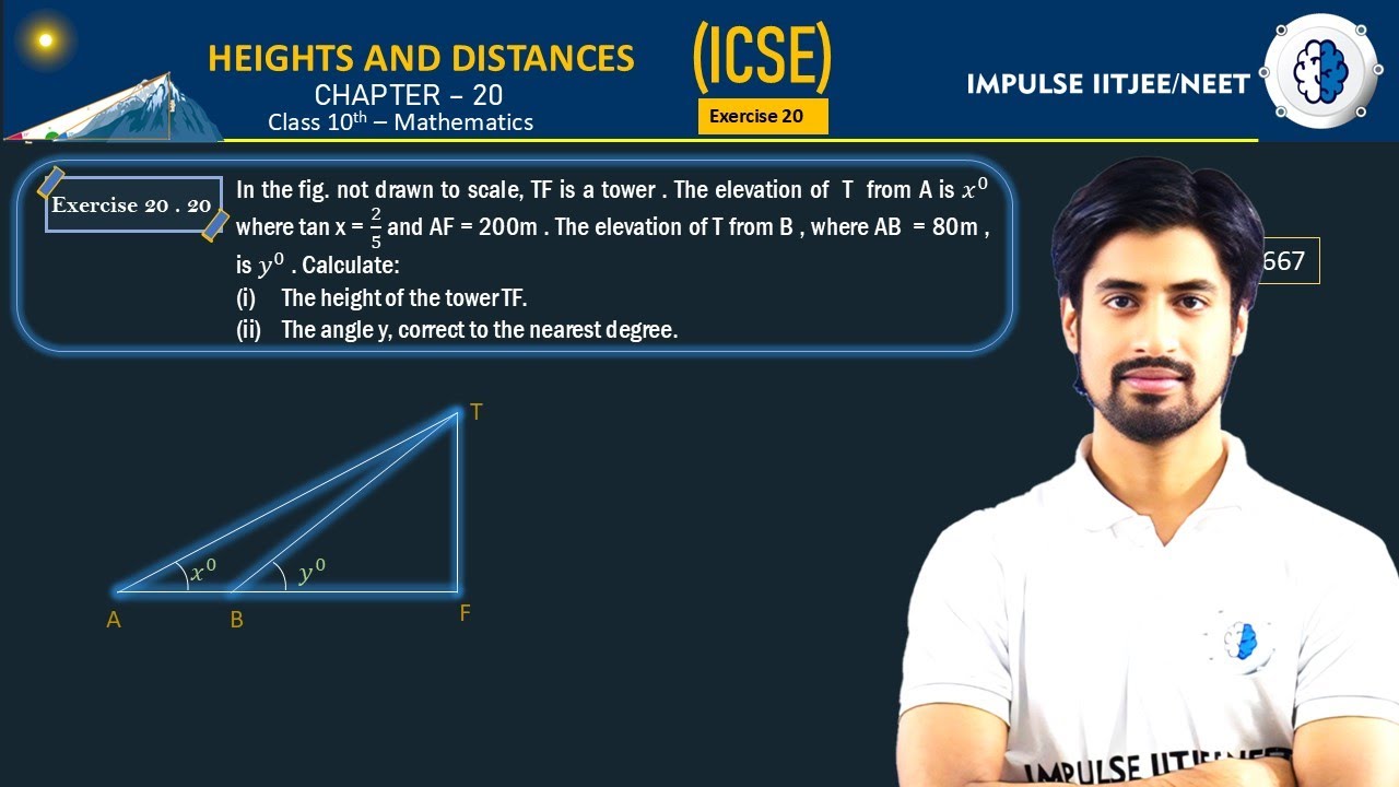 In the fig. not drawn to scale TF is a tower  The elevation of  T  from A is 𝑥^0 where tan x = 2/5