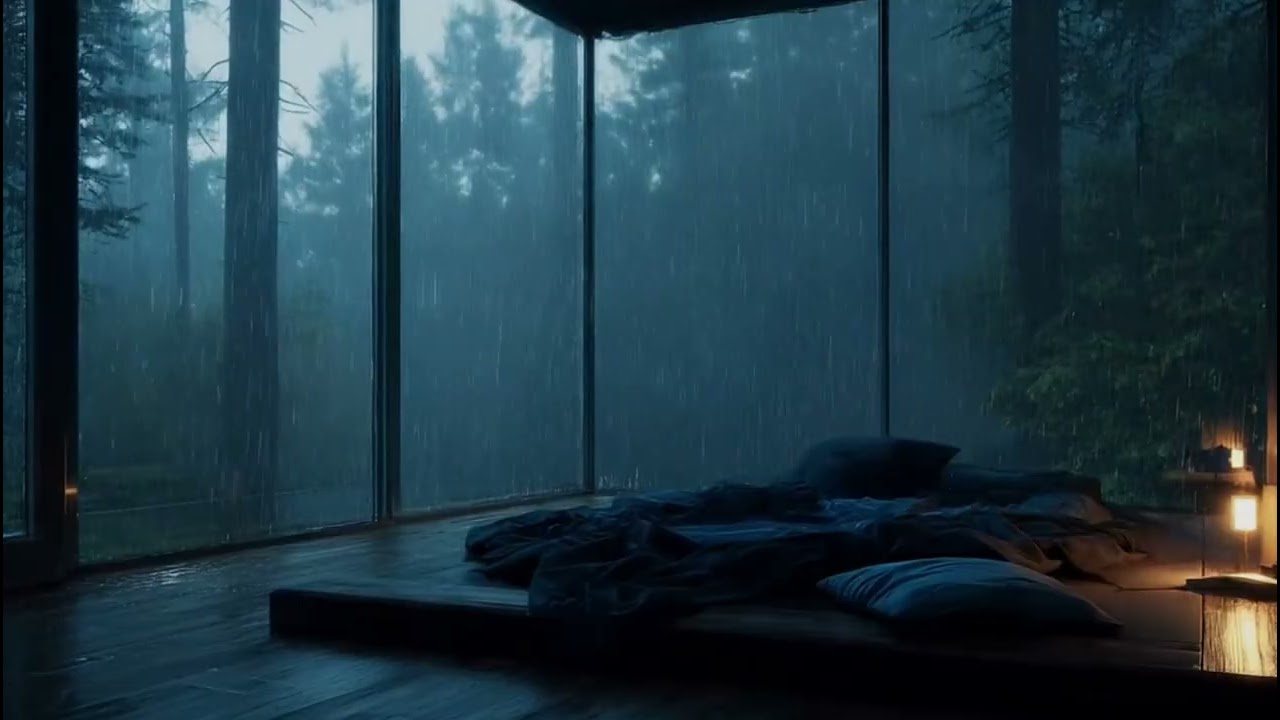 Cozy Glass Cabin Rain 🌙 Piano & Forest Rain Sounds for Sleep and Study