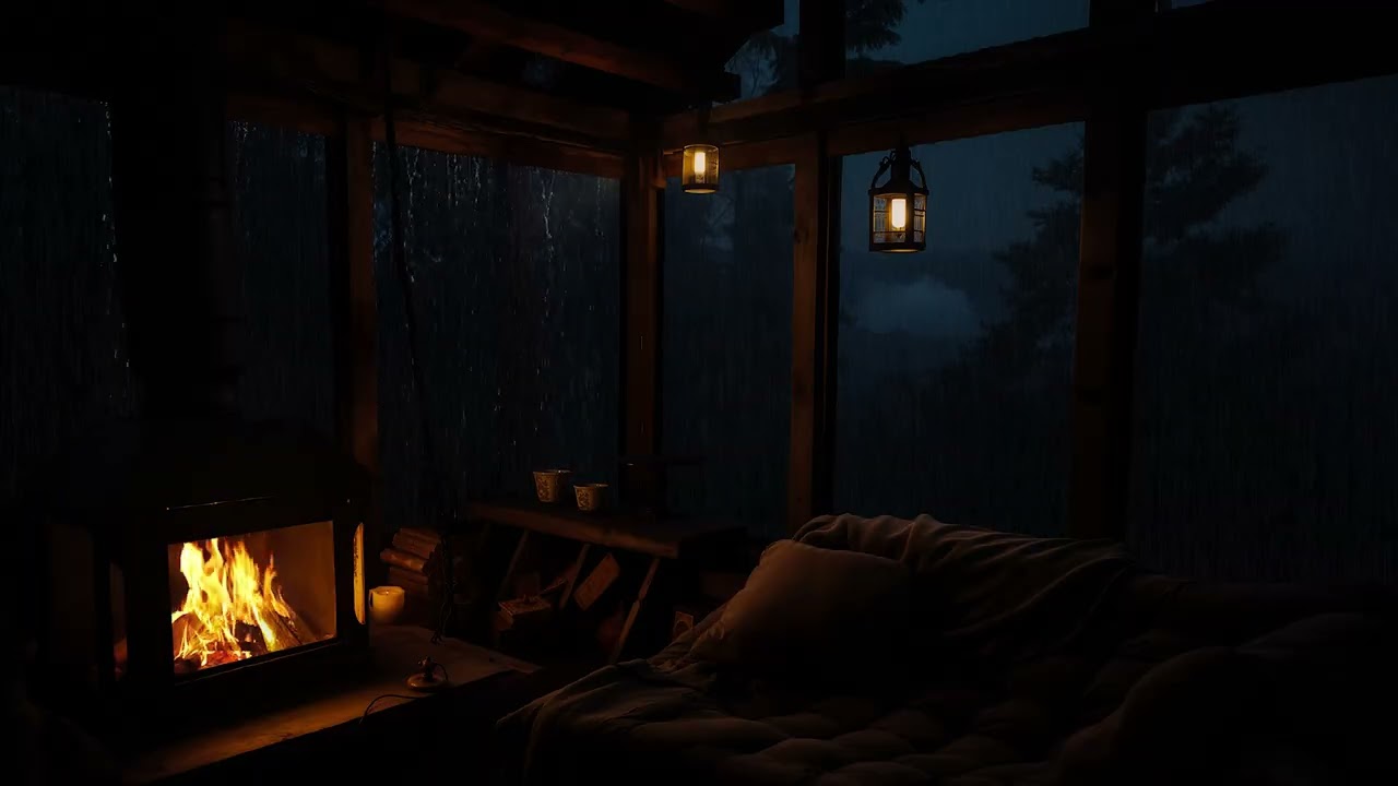 A Quiet Cabin Scene with Rain and Fireplace for Sleep and Focus | Cozy Night Rain Ambience