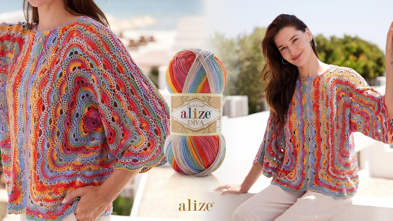 Блузка шестиугольной вирусной строчки крючком с Alize Diva Batik