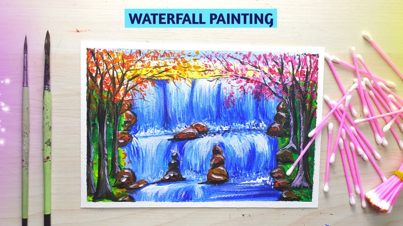 Easy Waterfall Landscape Painting tutorial for beginners || Step by step Waterfall landscape Paintin