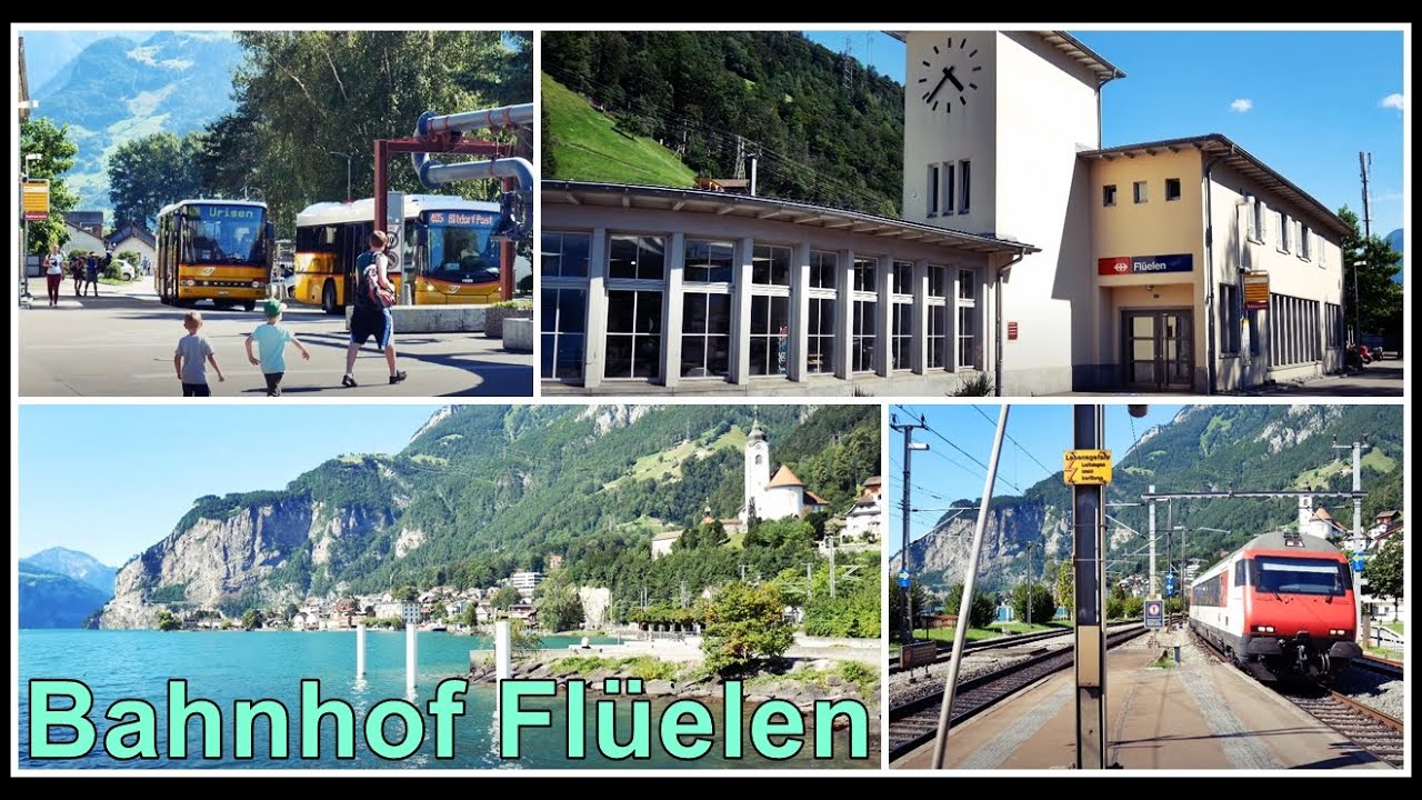 Der Bahnhof Flüelen wunderschön gelegen am Urnersee (Vierwaldstättersee), Kanton Uri, Schweiz 2020