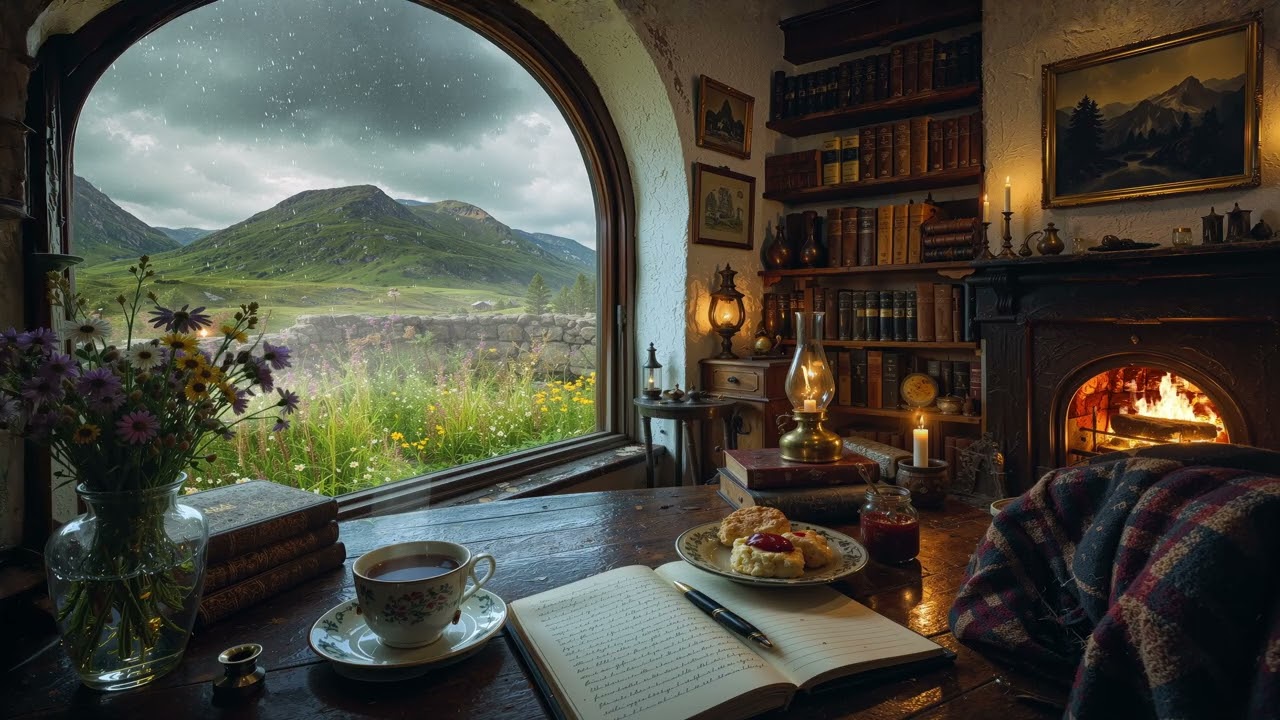 Scottish Library Ambience -  Remote Highland Cottage | Cozy Study Ambience & Celtic Folk Music 🎻