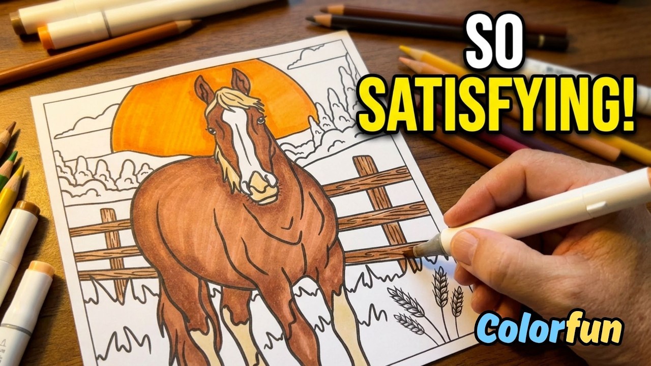 Horse in field with sun setting asmr coloring relaxing music