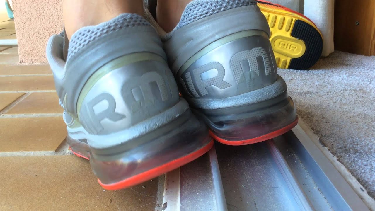 Nike air maxes 2013 silver/red and sunset pack on sockless feet upper windows rail