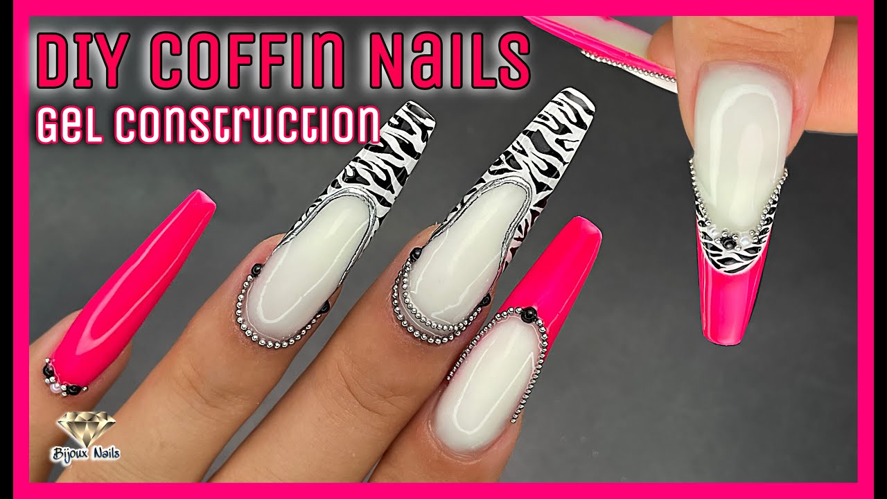 DIY Long Coffin Nails Gel Construction with French / Full ASMR tutorial / Pink Zebra Nail Design