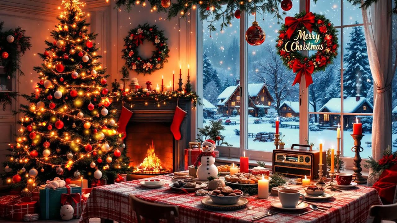 🔥 Christmas Ambience 🎄 Cozy Kitchen with Christmas Piano Music & Crackling Fireplace for Relaxing
