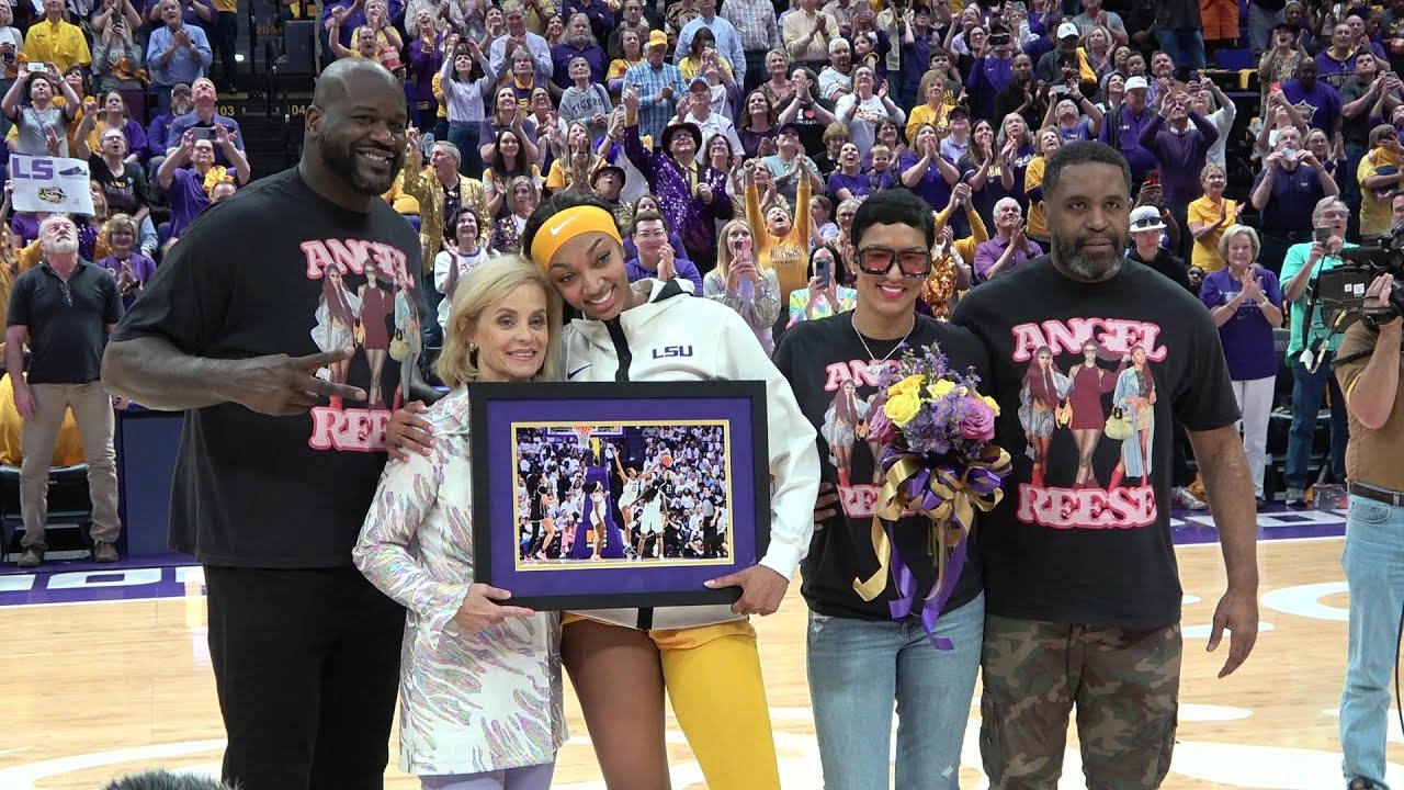 LSU Kim Mulkey senior night vs Kentucky, Angel Reese with Shaq and Hailey Van Lith