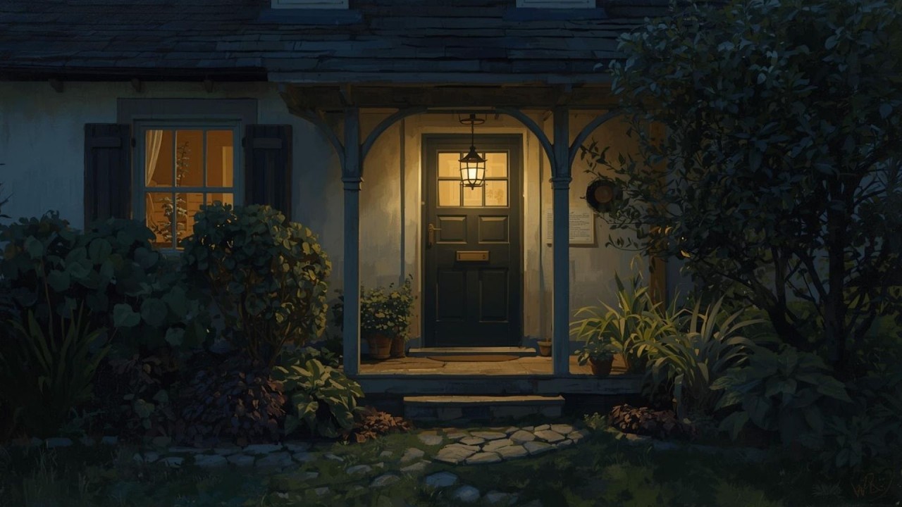 English Cottage Front Porch At Night Cozy Moody Vintage Painting | Frame TV Art | 2-Hour Screensaver