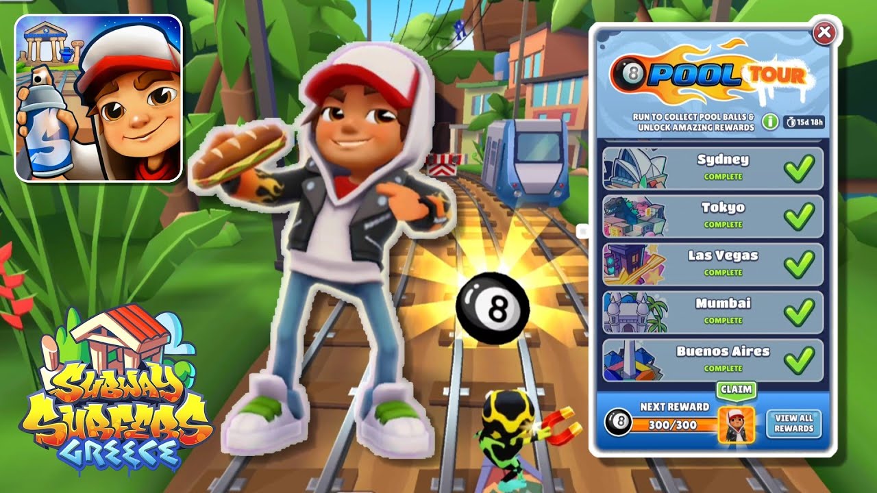 Unlock 8 Ball Jake and the 8 Ball Board by collecting tokens across 6 cities - Subway Surfers Greece