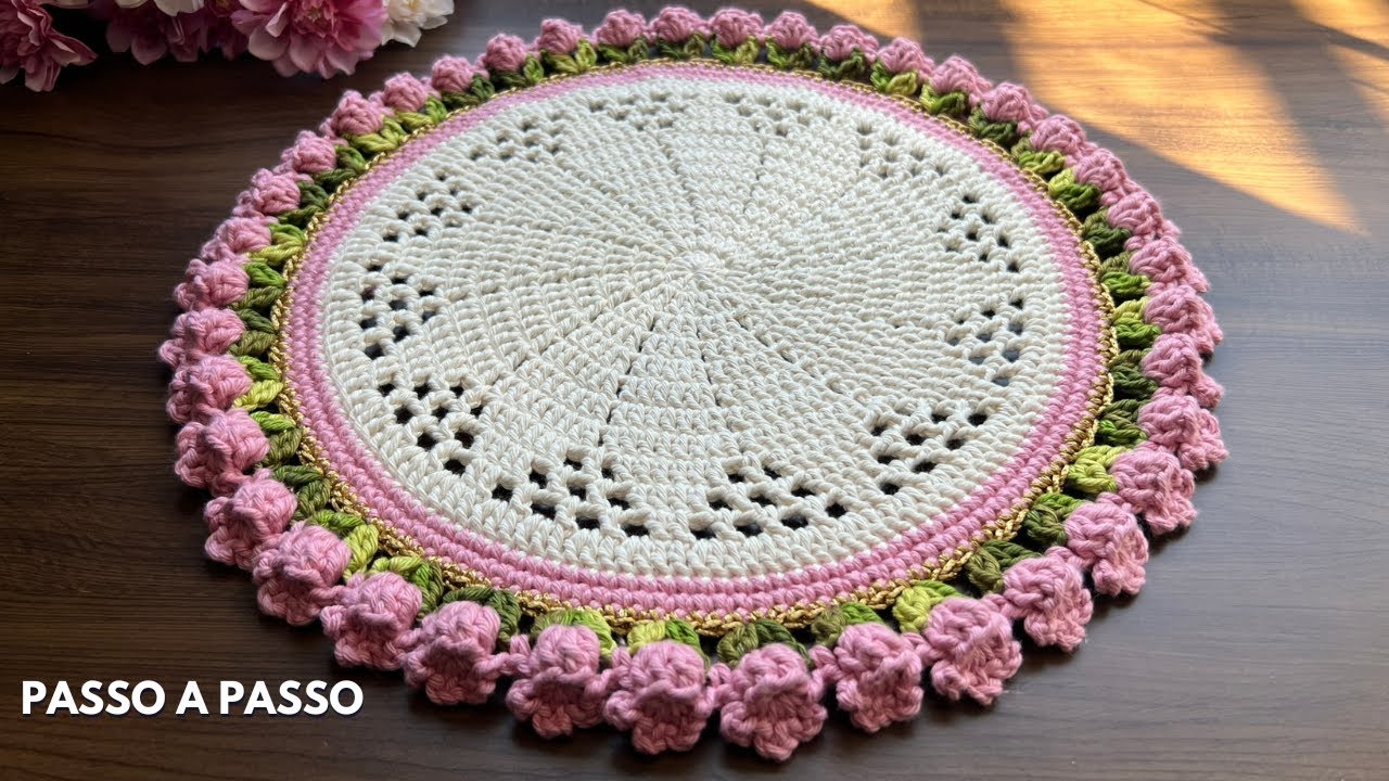 Passo a passo Sousplat FLORAL por Vana Crochet - Jogo Americano de crochê TULIPAS - Crochet Tutorial