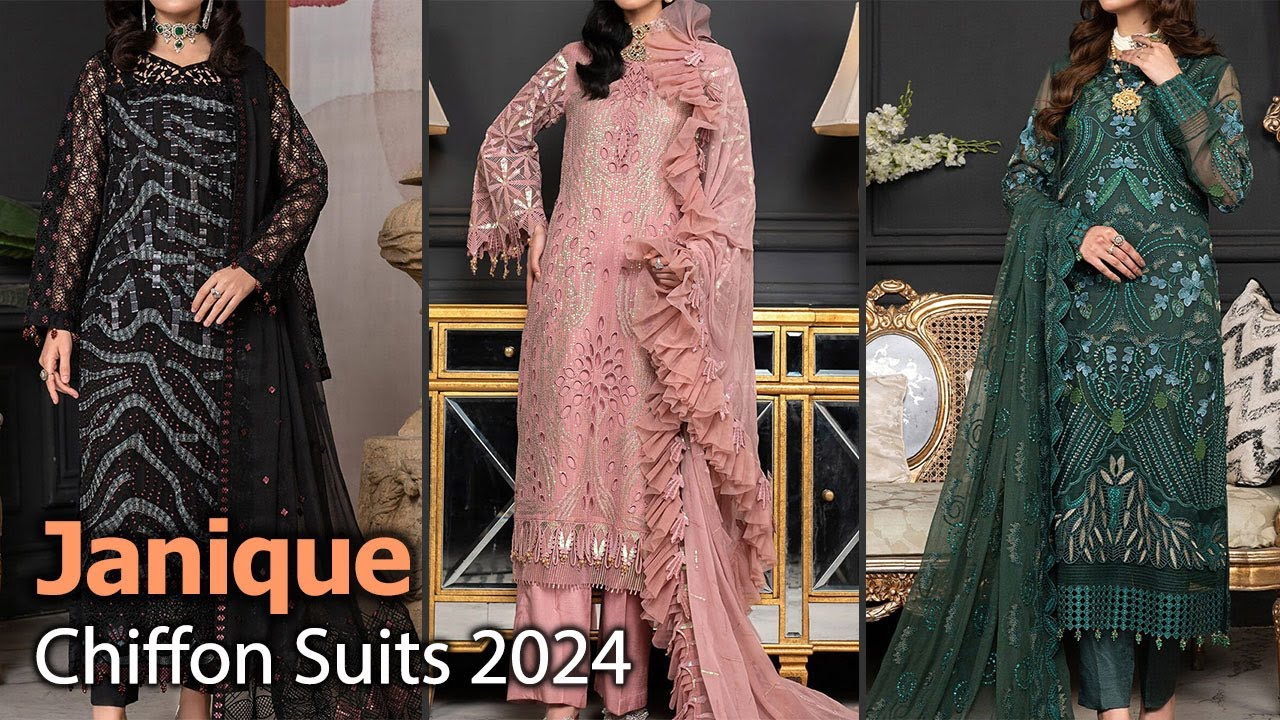 Latest Collection of Janique Designer Chiffon Dresses 2024 | Pakistani Chiffon Suits