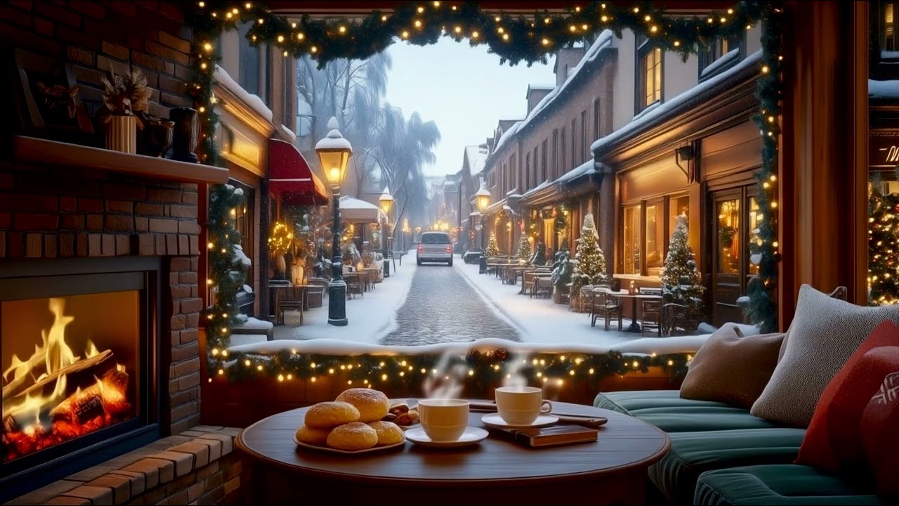 Cozy Coffee Shop Ambience | Fireplace, Snow & Smooth Jazz