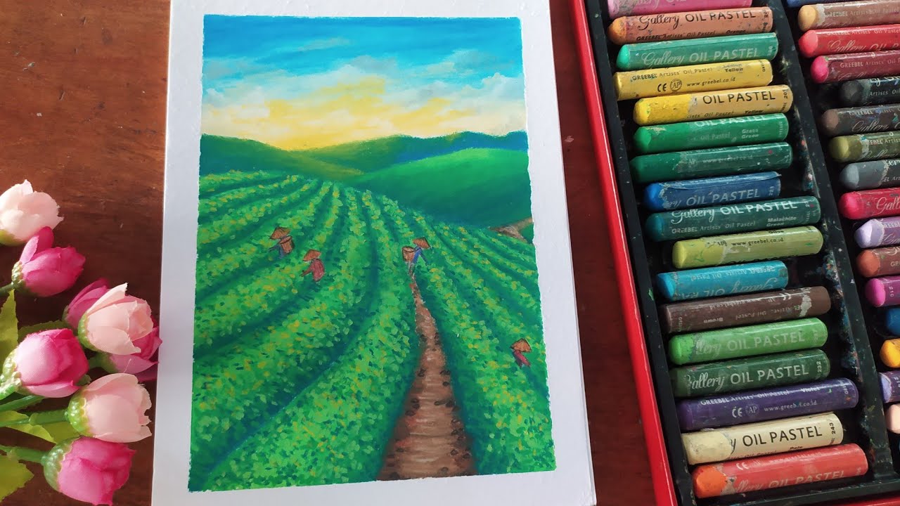 Scenery drawing with oil pastel | Relaxing art| pemandangan kebun teh | Easy drawing