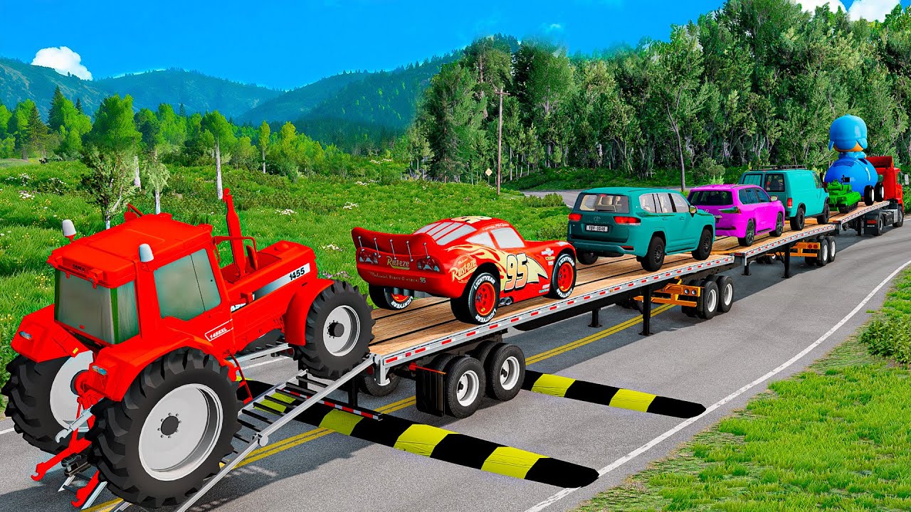 Flatbed Trailer McQueen Transportation with Truck - Speedbumps vs Cars vs Train - BeamNG.Drive #35