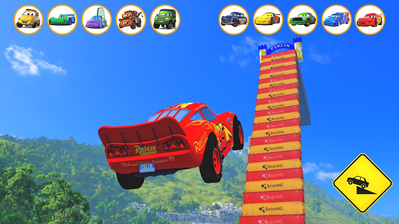 Lightning McQueen Cars vs 30 Containers 🚀 Jumping Challenge | BeamNG drive