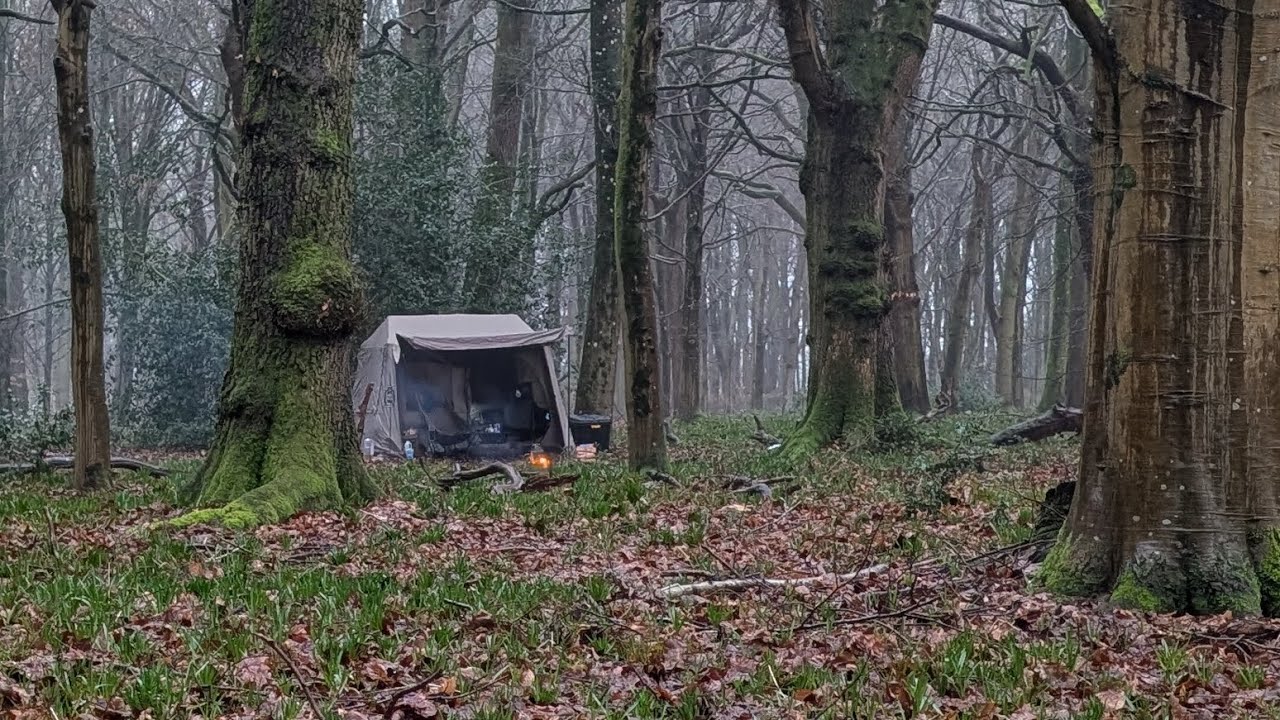 An extremely wet wintery woodland camp 