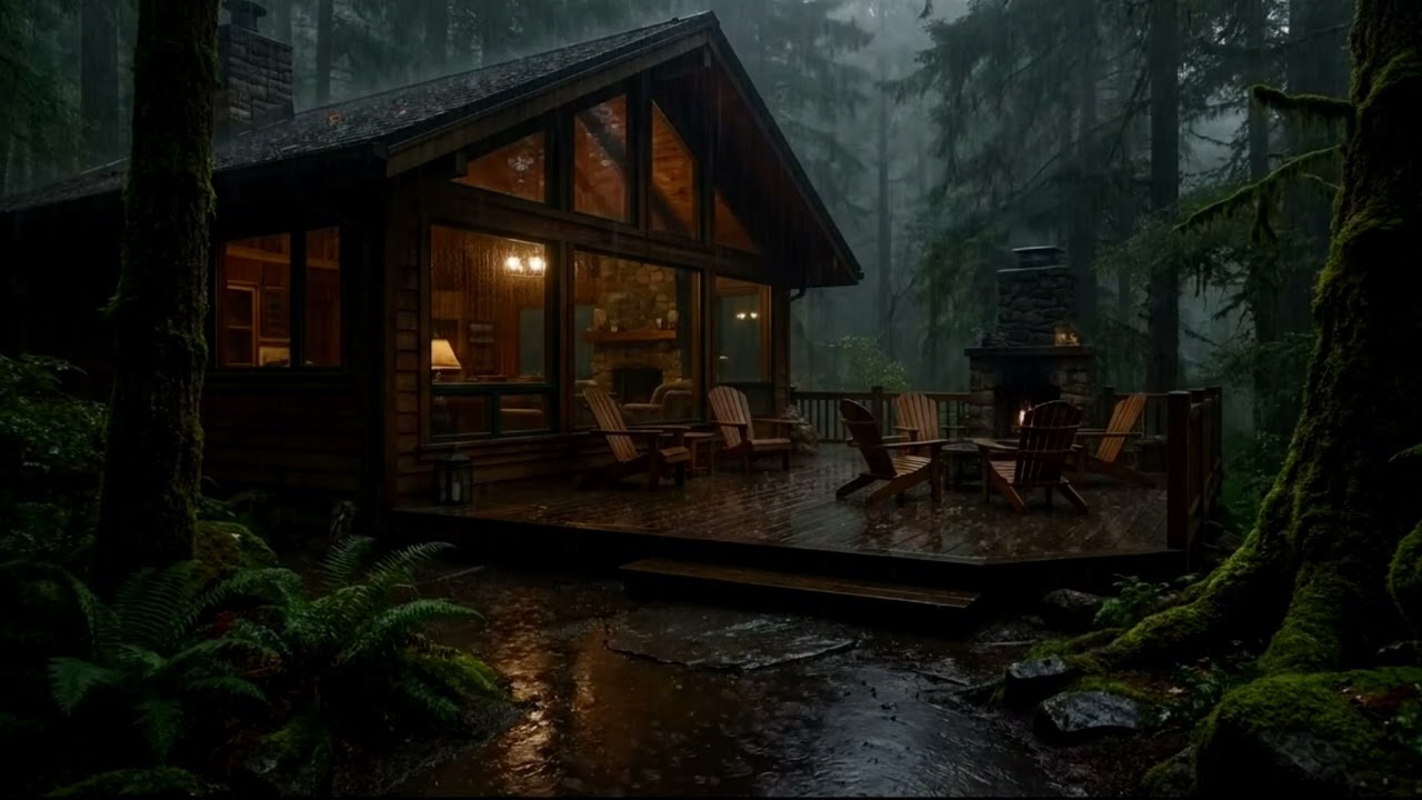 Rain on Wooden Deck 🌧️ Peaceful Cabin Night for Sleep & Study