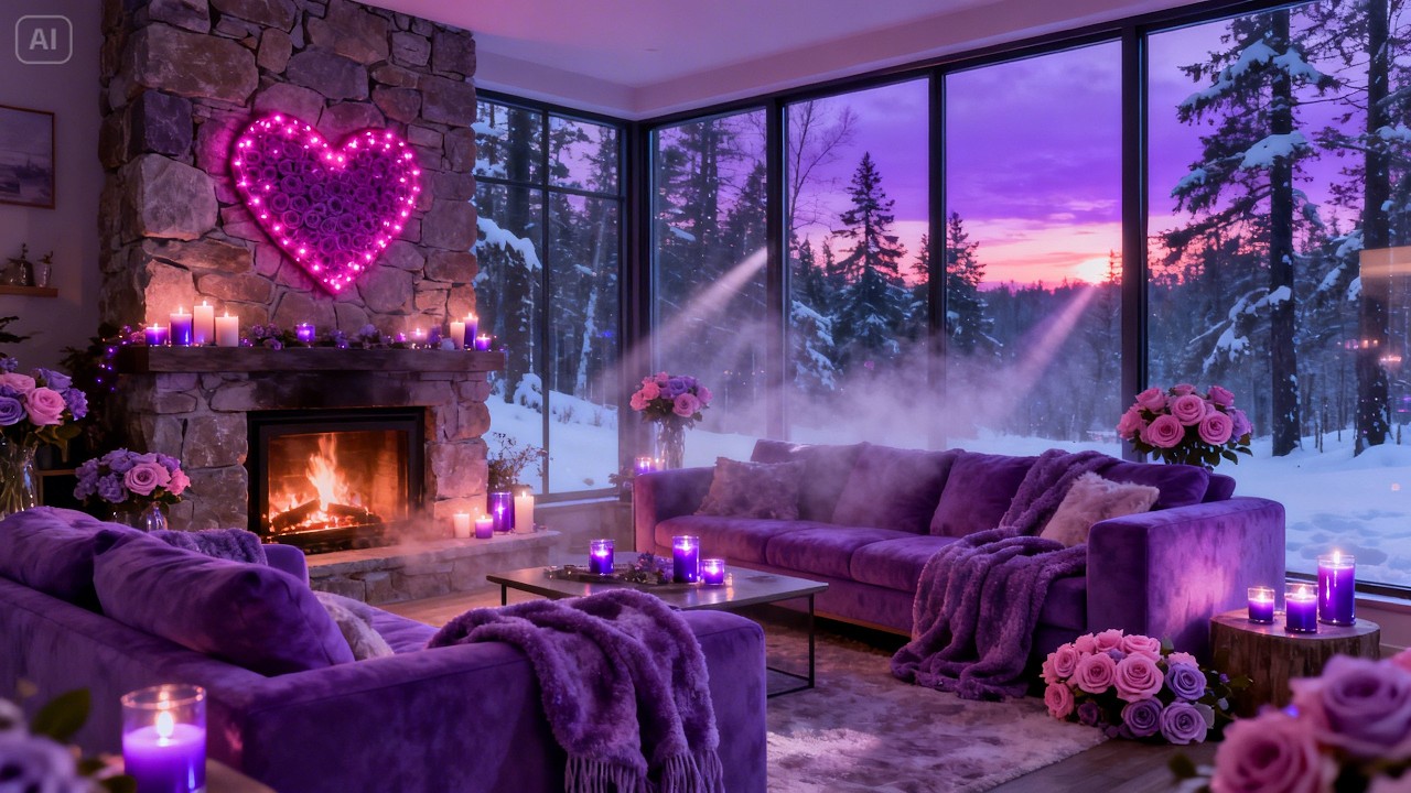 Romantic Winter Café Night 💜 Soft Jazz & Crackling Fireplace Ambience