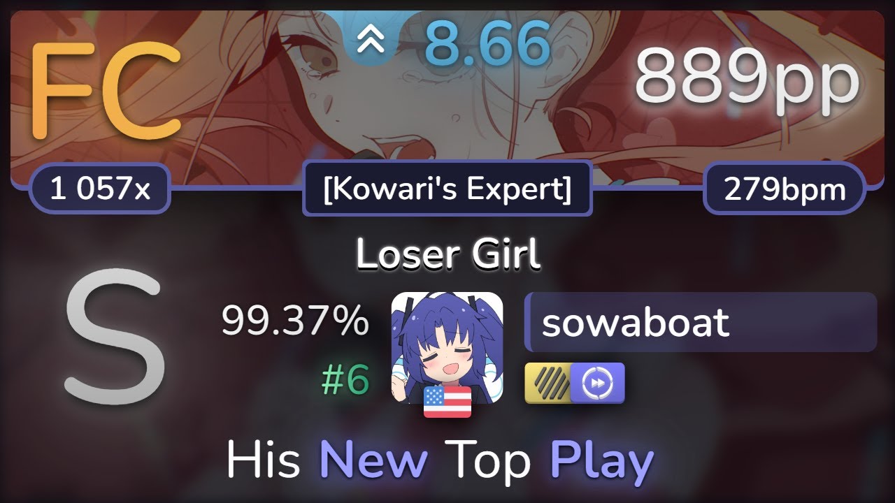 8.7⭐ sowaboat | TUYU - Loser Girl [Kowari's Expert] +HDDT 99.37% (#6 889pp FC) - osu!