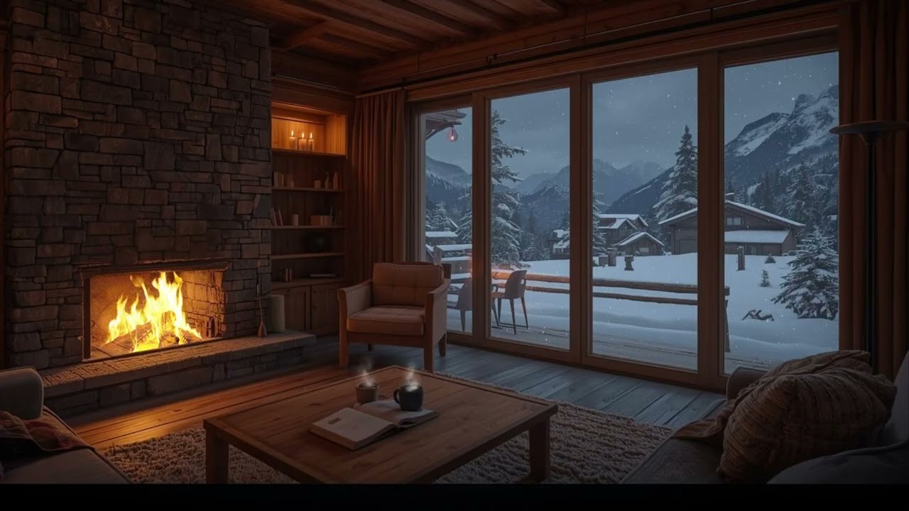 Snowy Night Retreat Ambience. winter fireplace ambience