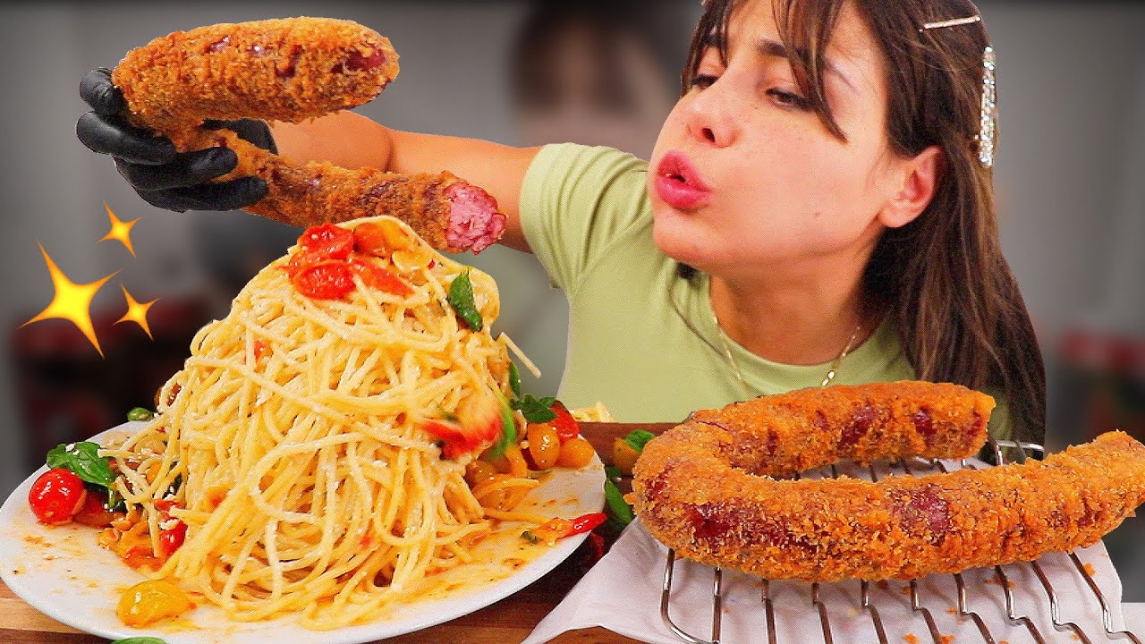 РЕЦЕПТ БОЛЬШОЙ ЖАРЕНОЙ КОЛБАСКИ И СПАГЕТТИ 먹방 MUKBANG & ASMR Kielbasa
