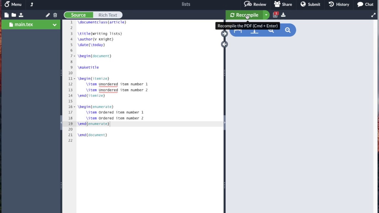 Itemized and enumerated lists in LaTeX with overleaf (v2)