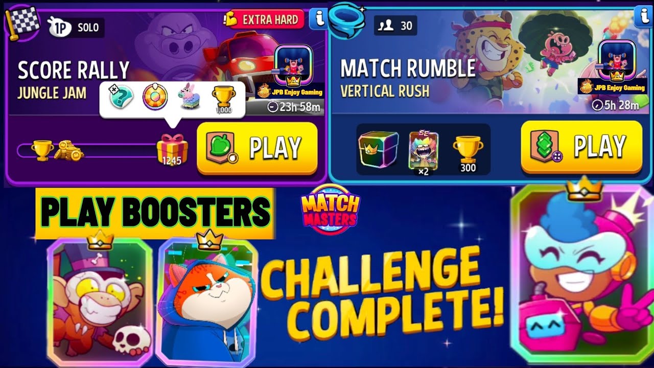 Play 2 Booster /Jungle Jam+Bombs Away Solo Challenge 1245 Score / Match Rumble Vertical Rush