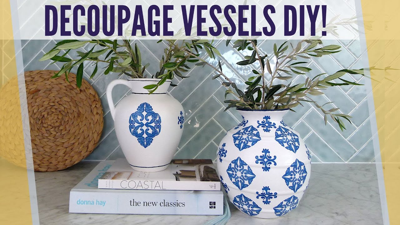Blue and White Vessel DIY // Chinoiserie Ginger Jar DIY Vase with Napkin Decoupage!