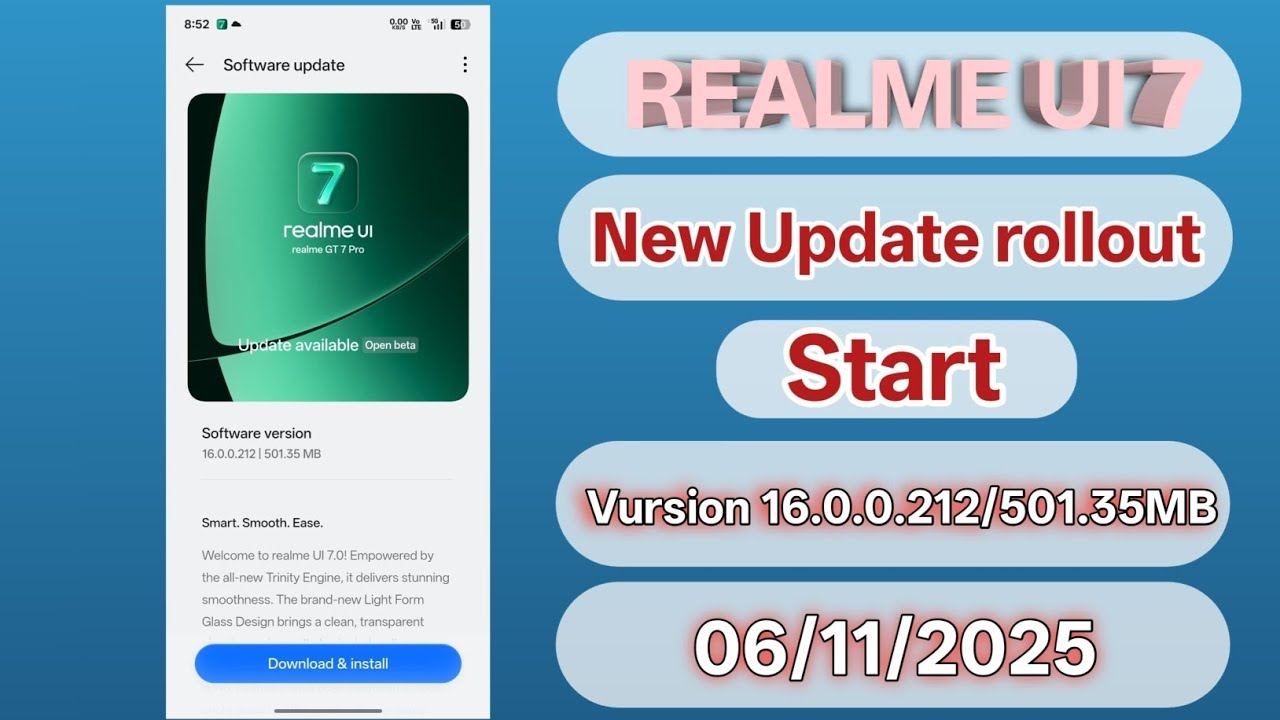 Realme ui 7 New update rollout Start Version 16.0.0.212/501.35MB