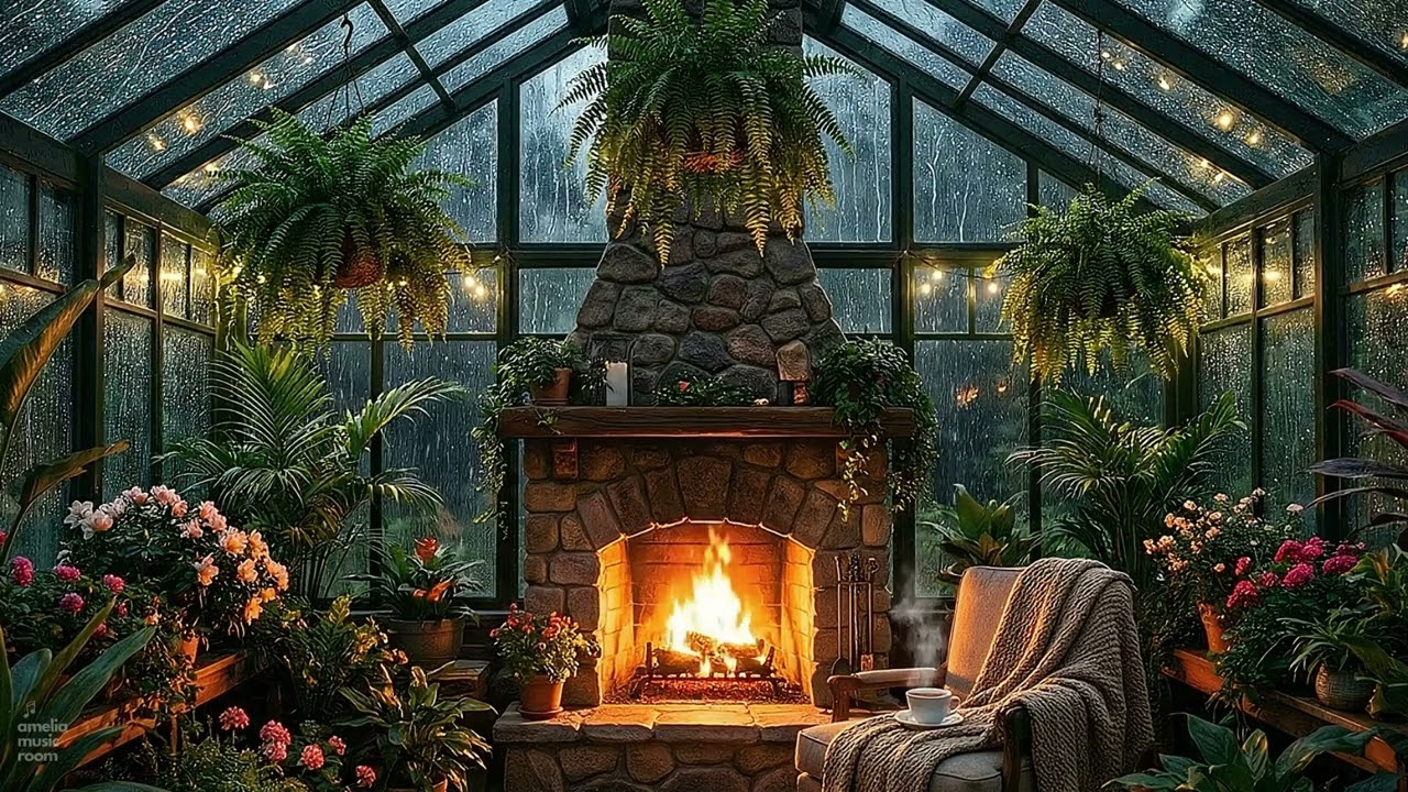 Cozy Greenhouse Storm ⛈️ Heavy Rain & Fireplace 🌿 Cottagecore Sleep Ambience (No Music)