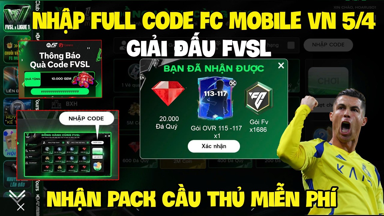 Tổng Hợp Full Code Fc Mobile VN Mới Nhất 5/4 Nhận Qu&agrave; Gem, V&eacute; Quay V&agrave; Pack Cầu Thủ Giải FVSL Nha