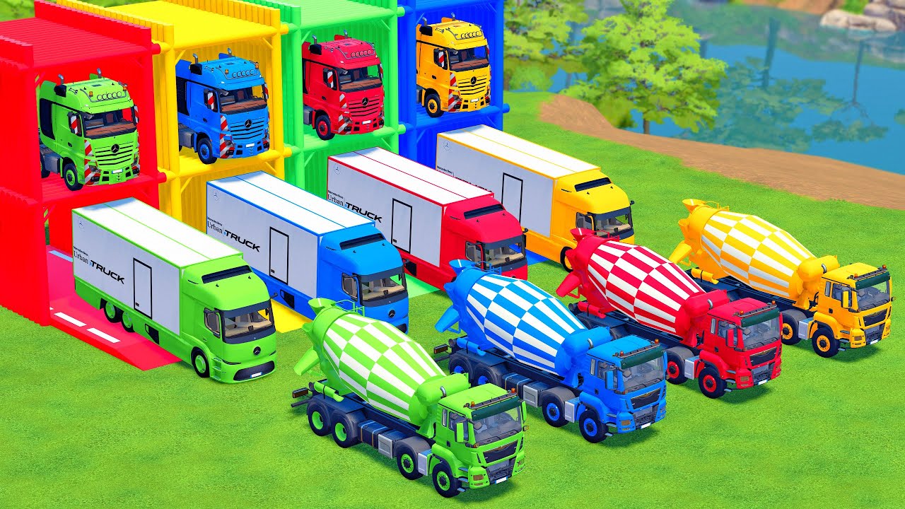 TRANSPORTING DOUBLE FLATBED TRAILER TRUCK ! ALL COLORED MIXER TRUCK, MAN, MERCEDES, SCANIA - FS22