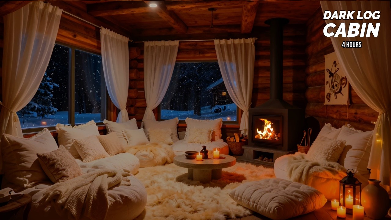 Dark Cozy Log Cabin Ambience ❄️🔥 Snowy Winter Night, Fireplace & Cozy Glow (4 Hours)