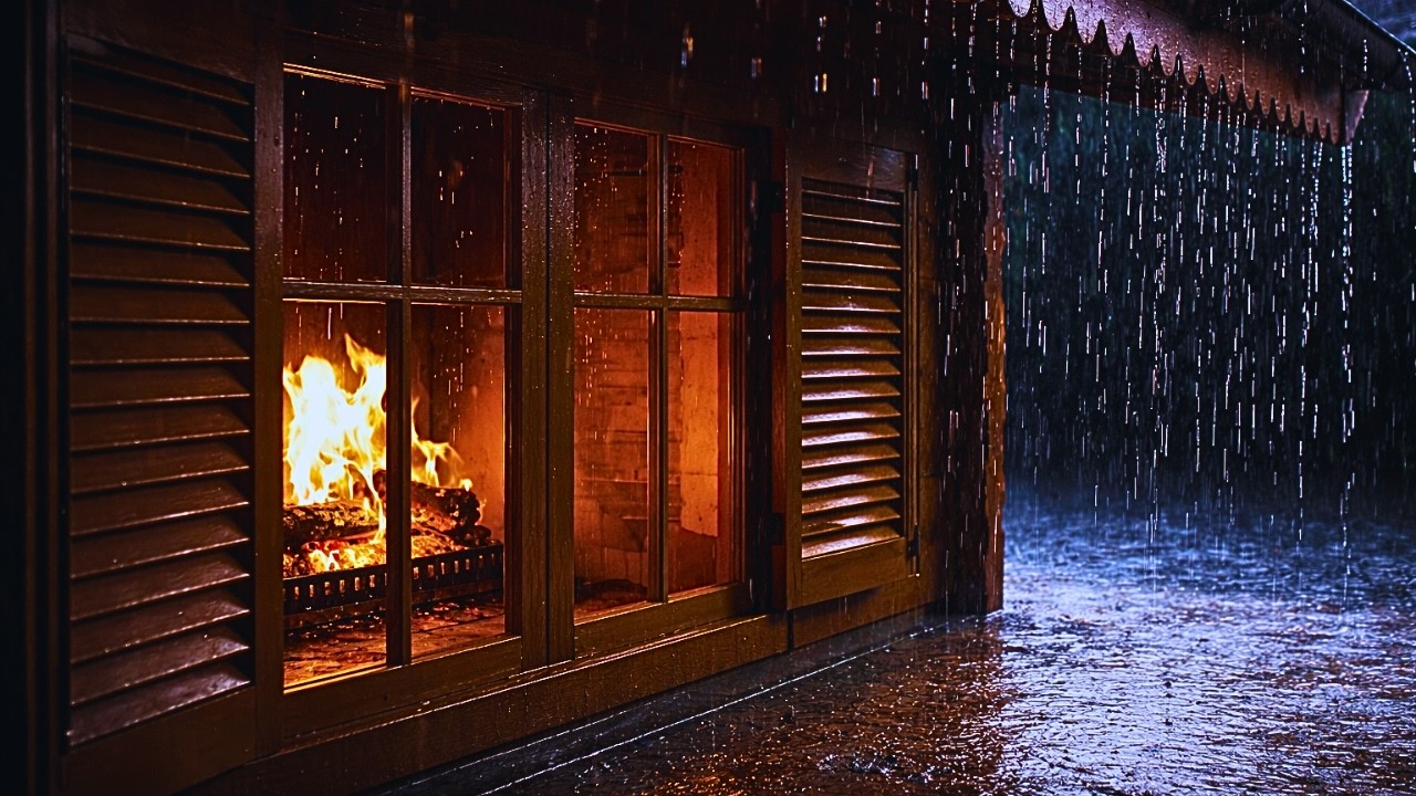 Barulho de Chuva com Lareira na Cabana à Noite | Som de Chuva Relaxante para Dormir