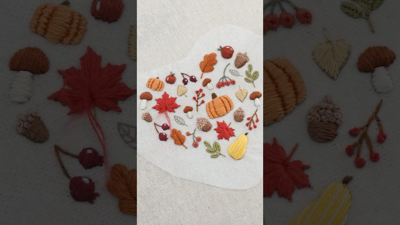 Cute Autumn Motifs in a Heart Embroidery #shorts