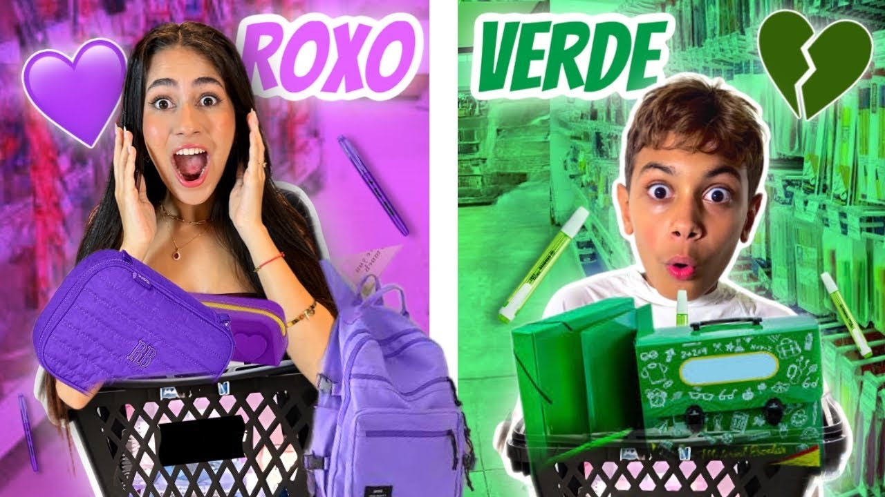QUEM COMPRAR O MELHOR MATERIAL ESCOLAR COM A COR SORTEADA VENCE! material escolar 2024 roxo & verde