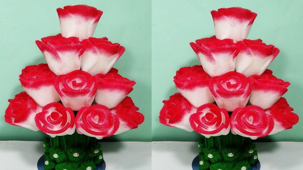 फोम के गुलाब का गुलदस्ता बनाने का आसान  तरीका /DIY FOAM SHEET ROSE FLOWER GULDASTA/PLASTIC BOTTLE