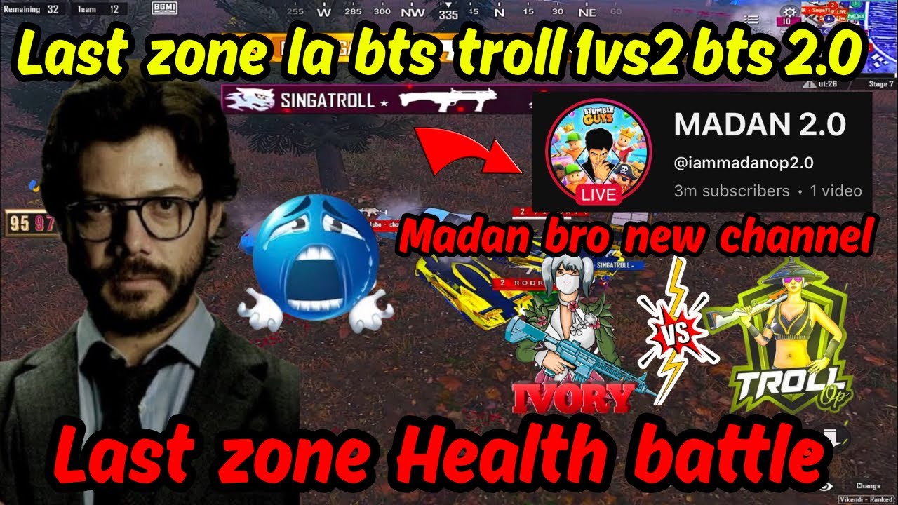 Last zone la troll op 😈 1vs2 bts 2.0 || Madan bro new channel 3million sub || #madanop #botsquadwar 