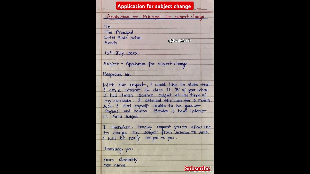 Application for subject Change l Application to principal for subject Change in english l letter