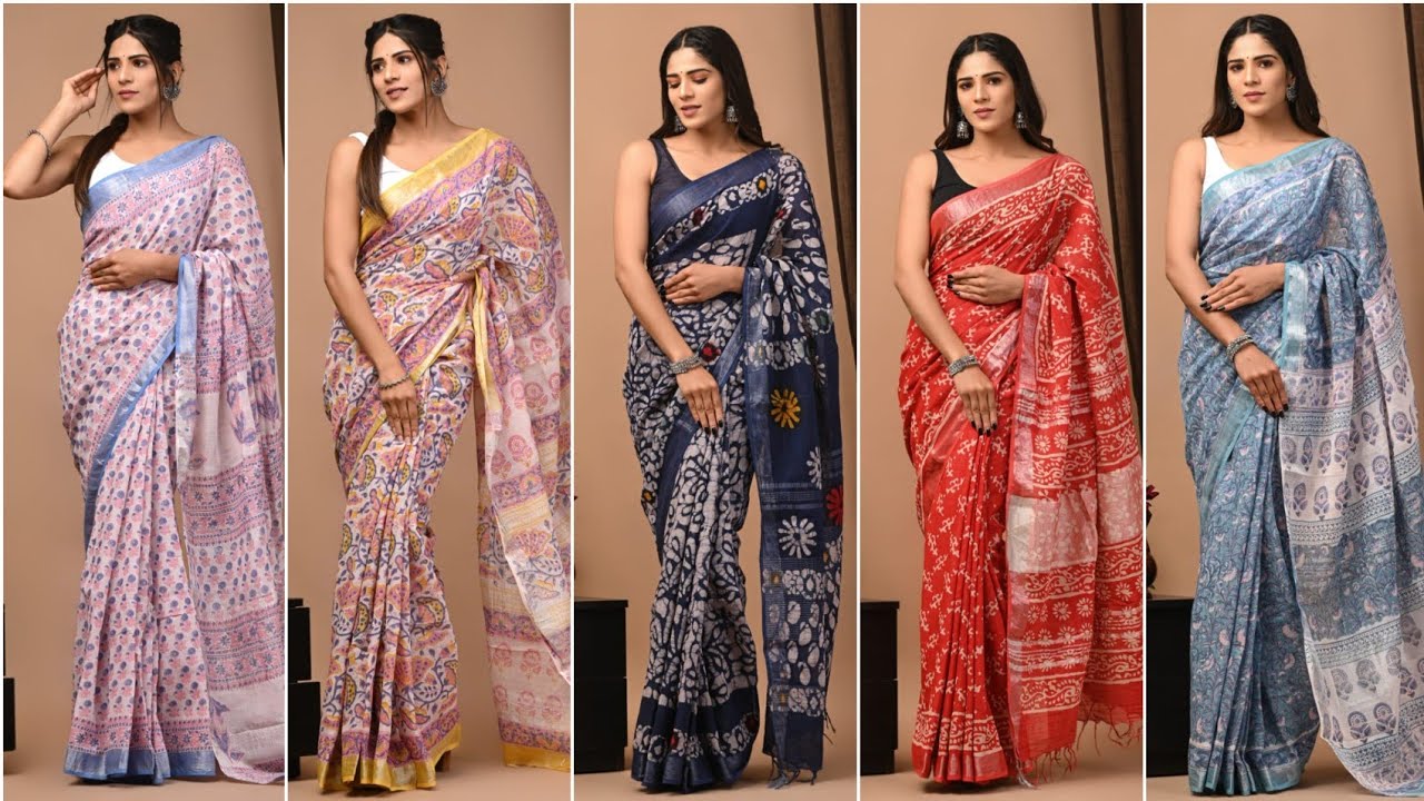 Bagru Hand Block Printed Soft Linen Saree
