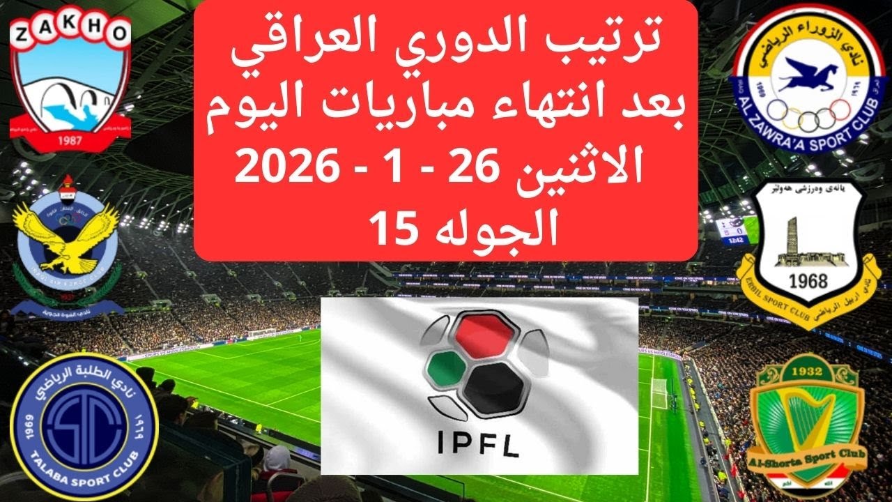 ترتيب الدوري العراقي اليوم دوري نجوم العراق بعد انتهاء مباريات الاثنين 26/1/2026 الجولة 15