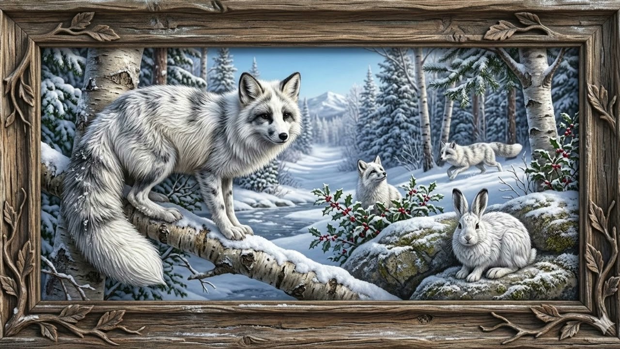 Marble Fox in the snow with friends | Frame TV Art | screensavers | nature